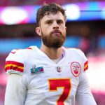 Harrison Butker #7 of the Kansas City Chiefs warms up before the game against the Philadelphia Eagles prior to Super Bowl LVII at State Farm Stadium on February 12, 2023