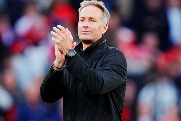 Denmark coach Kasper Hjulmand applauds fans after the match on June 5, 2024