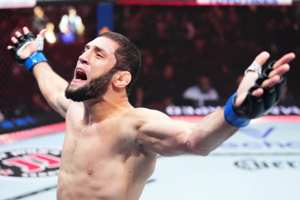 Ikram Aliskerov of Russia reacts after his knockout victory over Phil Hawes in a middleweight fight during the UFC 288 event at Prudential Center o...