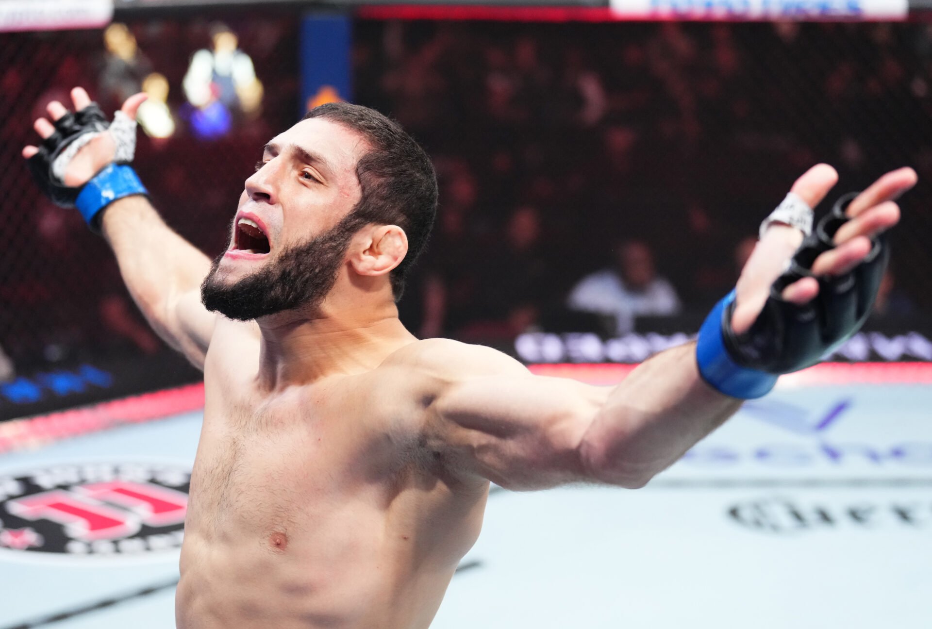 Ikram Aliskerov of Russia reacts after his knockout victory over Phil Hawes in a middleweight fight during the UFC 288 event at Prudential Center o...