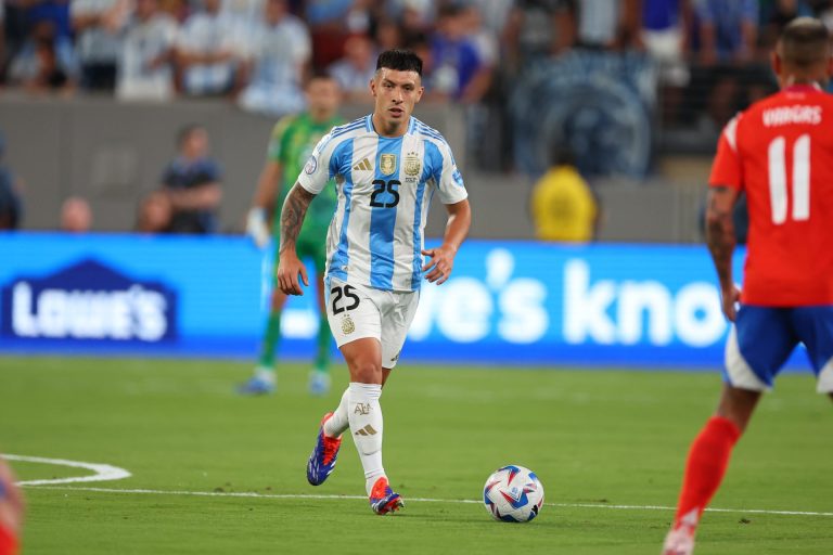 Lisandro Martínez #25 of Argentina controls the ball during the first half of the CONMEBOL Copa America Group stage game against Chile on June 25, ...