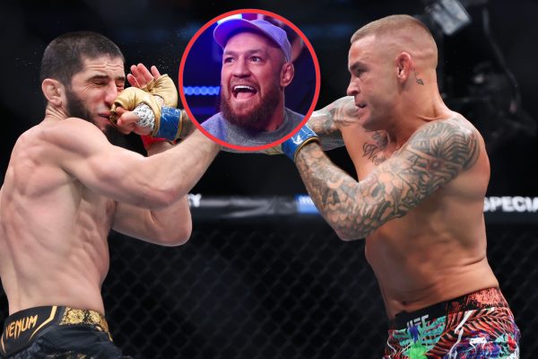 Composite image showing Islam Makhachev and Dustin Poirier punching each other at UFC 302, with a bubble in the middle showing Conor McGregor