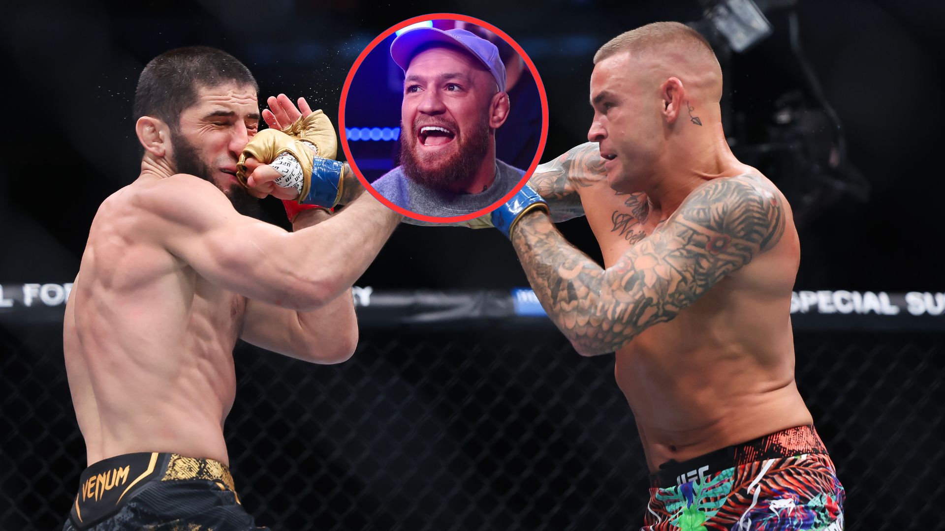 Composite image showing Islam Makhachev and Dustin Poirier punching each other at UFC 302, with a bubble in the middle showing Conor McGregor
