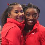 ordan Chiles and Simone Biles pose following the Women