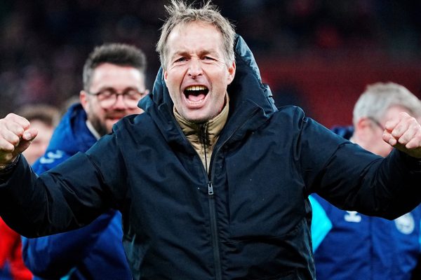 Denmark coach Kasper Hjulmand celebrates after the match on November 17, 2023